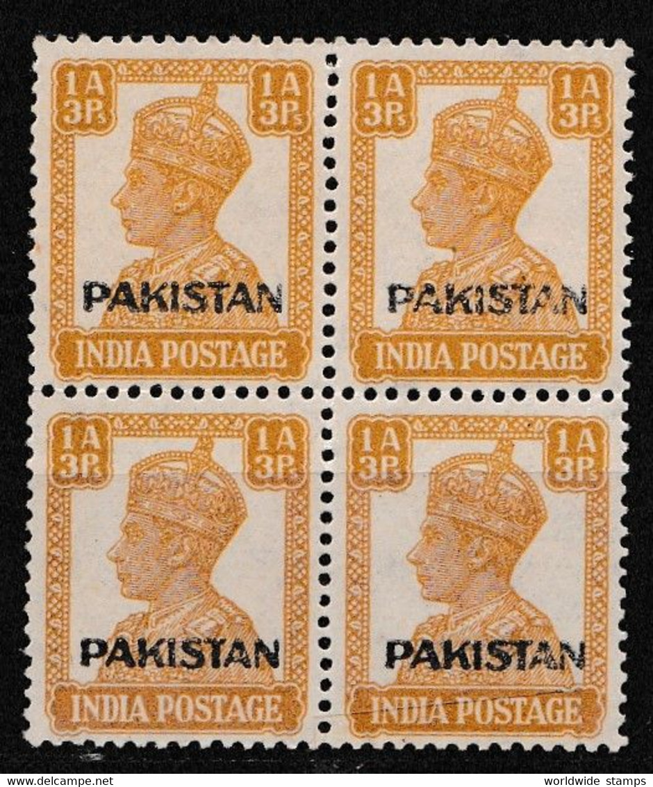 PAKISTAN OVERPRINT ON INDIA 1948 KING GEORGE VI BRITISH INDIA 1 ANNA 3 PIES BLOCK OF 4 MNH. - Nuevos