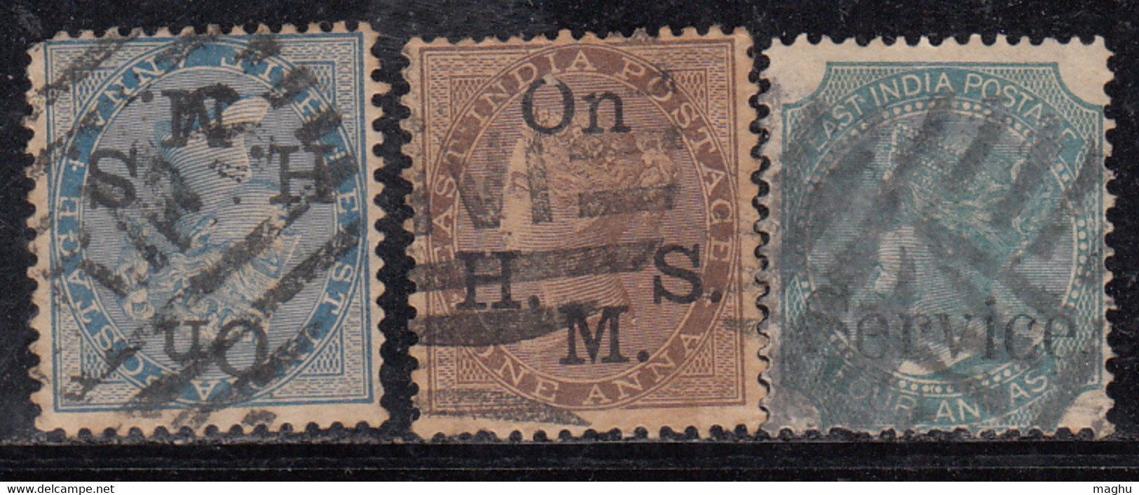 3 Values Service, British East India Used, 1867, 1874 Issue, 3v - 1858-79 Compagnie Des Indes & Gouvernement De La Reine