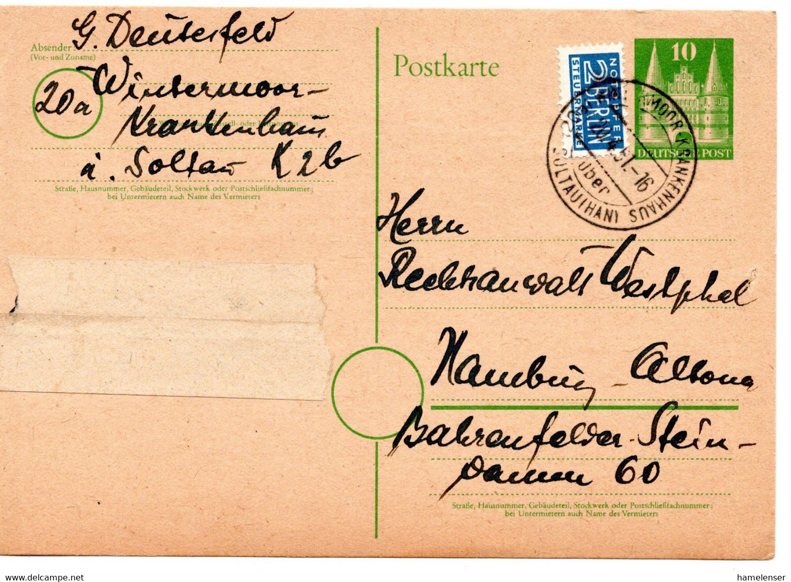 64130 - Bund - 1951 - 10Pfg Bauten GAKte WINTERMOOR KRANKENHAUS ... -> Hamburg - Sonstige & Ohne Zuordnung