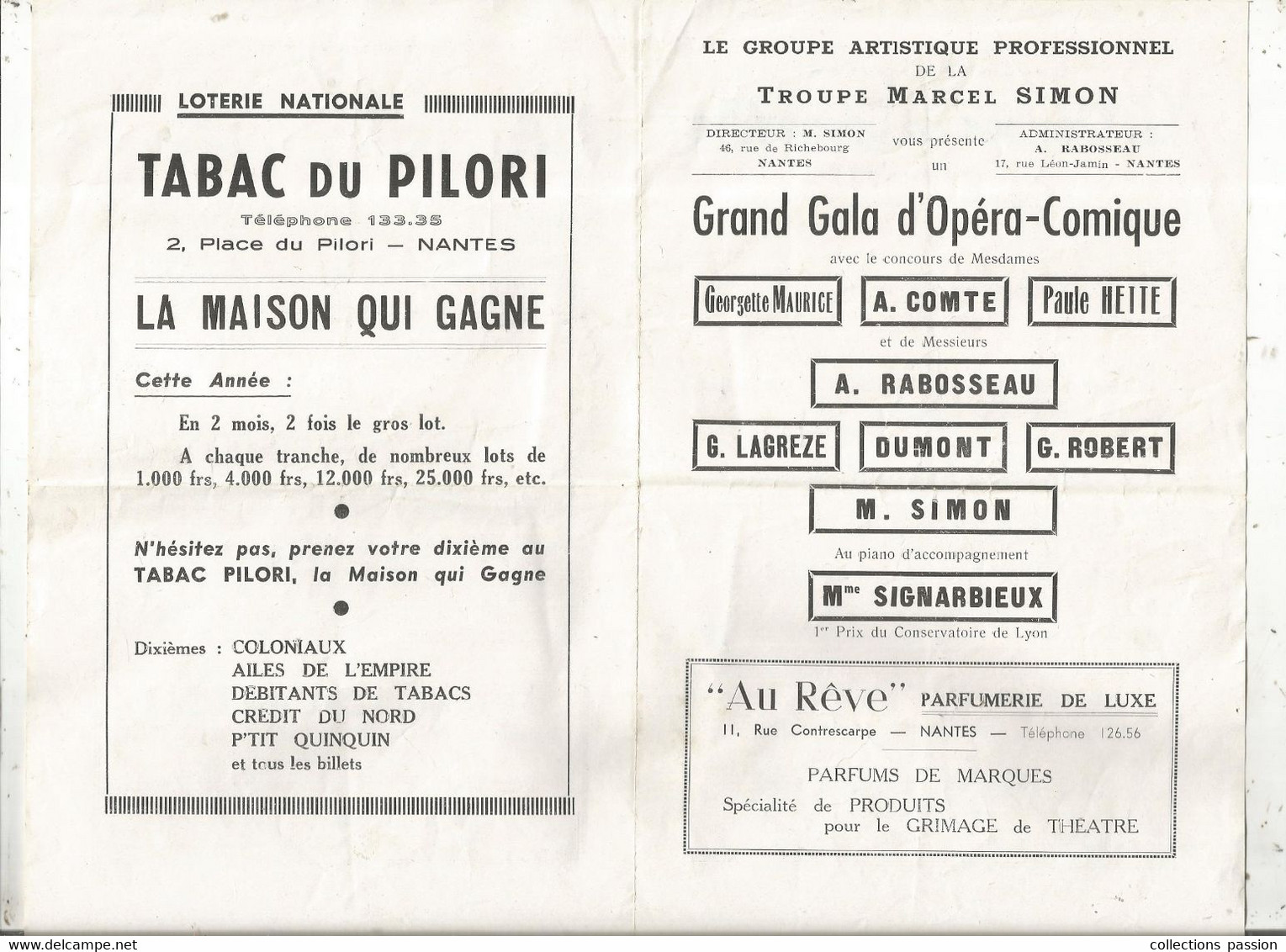 Programme, TROUPE MARCEL SIMON,Nantes, GRAND GALA D'OPERA COMIQUE,les Cloches De Corneville, Frais Fr. 1.75 E - Programme