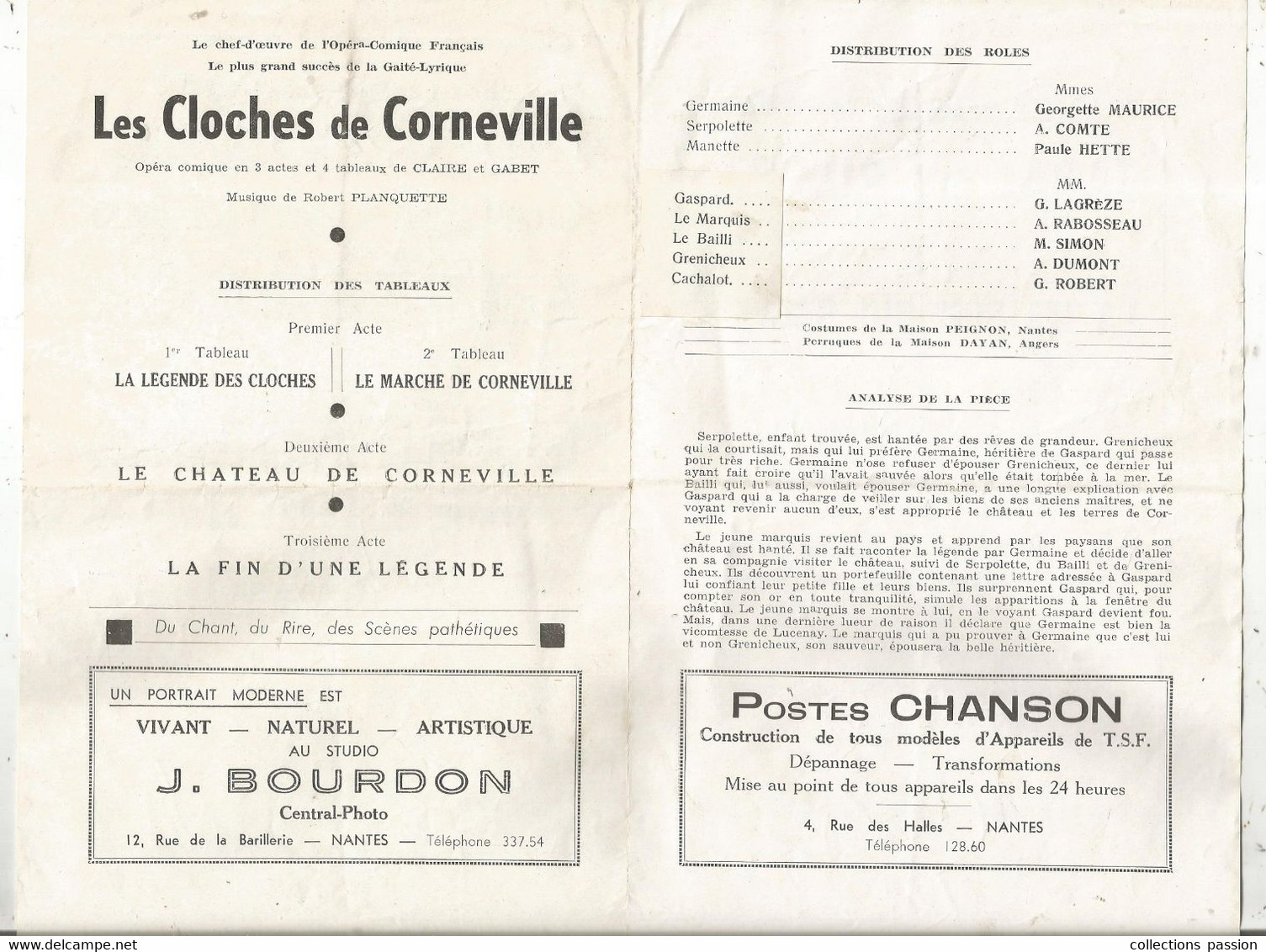 Programme, TROUPE MARCEL SIMON,Nantes, GRAND GALA D'OPERA COMIQUE,les Cloches De Corneville, Frais Fr. 1.75 E - Programme