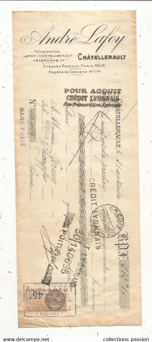 Billet à Ordre, Distillerie , Vins, ANDRE LAFOY,  Chatellerault,  1929, 2 Scans , Frais Fr 1.75 E - Lettres De Change