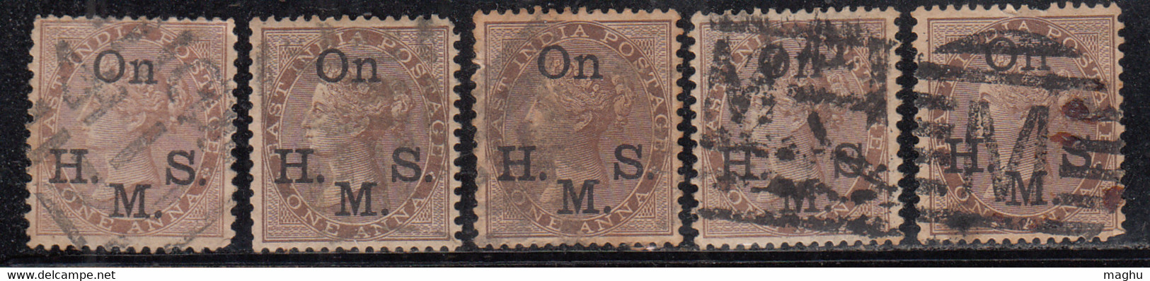 1a X 5 Diff., Shades Varities, British East India Used On H.M.S. Service, 1874, One Anna, Official. - 1854 Britische Indien-Kompanie