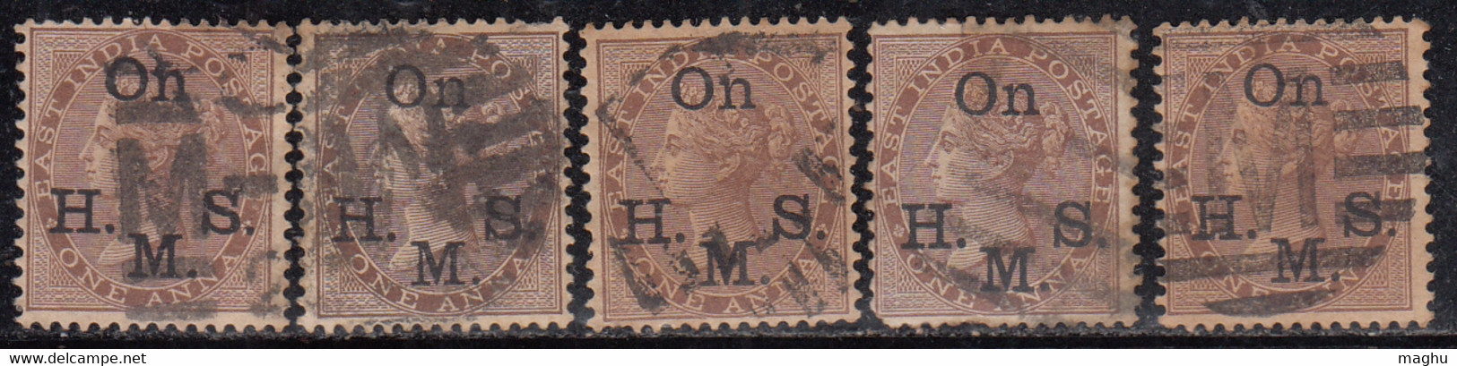 1a X 5 Diff., Shades Varities, British East India Used On H.M.S. Service, 1874, One Anna, Official. - 1854 East India Company Administration