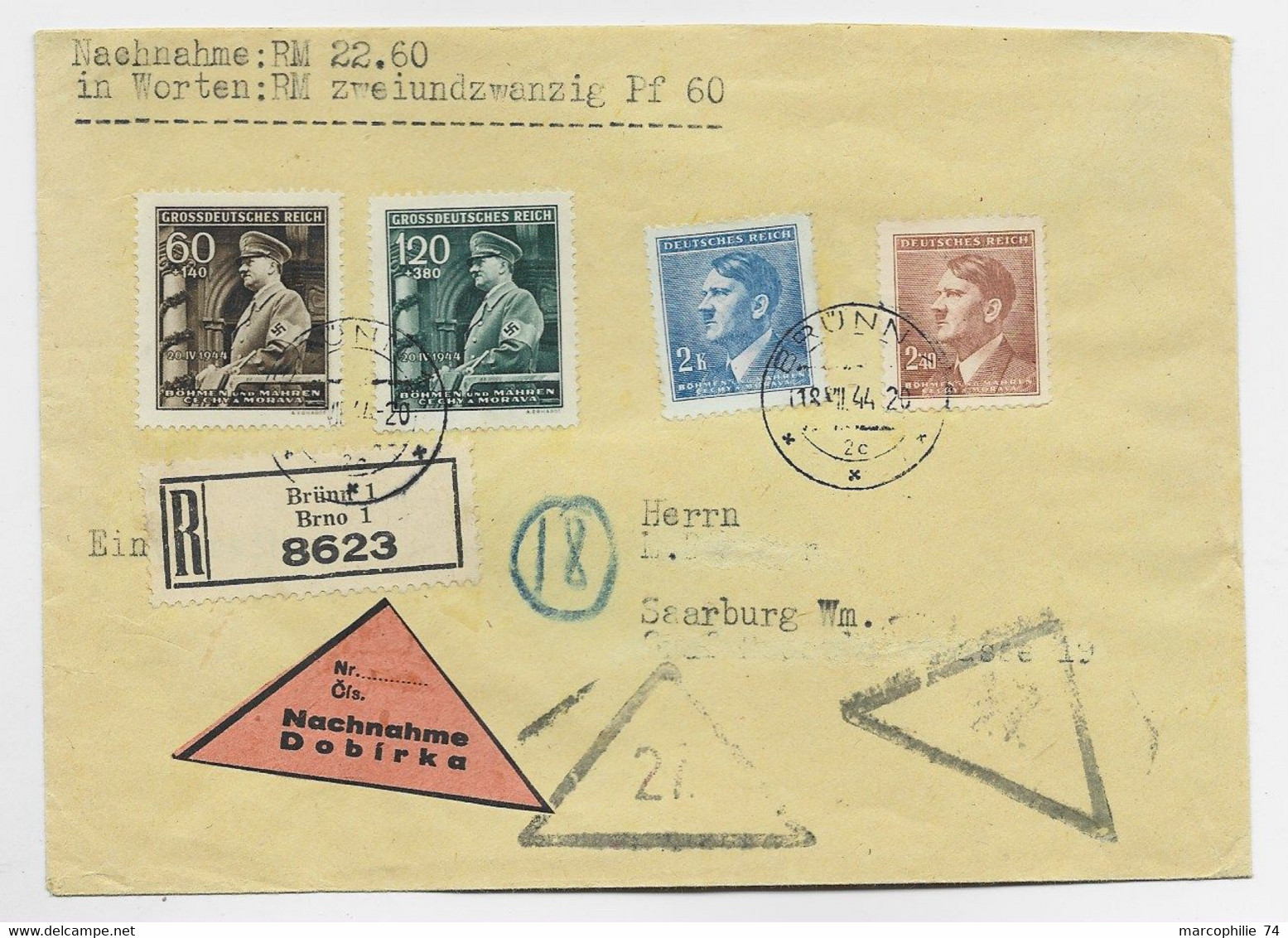 BOHMEN MORAVA GERMANY REICH HITLER 2K+2.40+120+60C LETTRE COVER BRIEF BRNO 1944 TO SARREBOURG MOSELLE - Briefe U. Dokumente