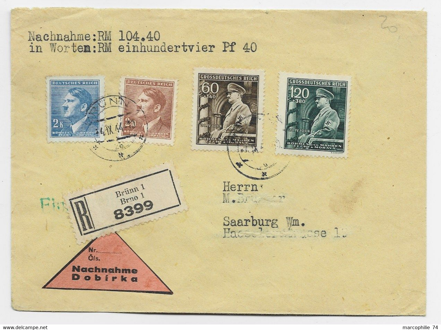 BOHMEN MORAVA GERMANY REICH HITLER 2K+2.40+120+60C LETTRE COVER BRIEF BRNO 1944 TO SARREBOURG MOSELLE - Briefe U. Dokumente