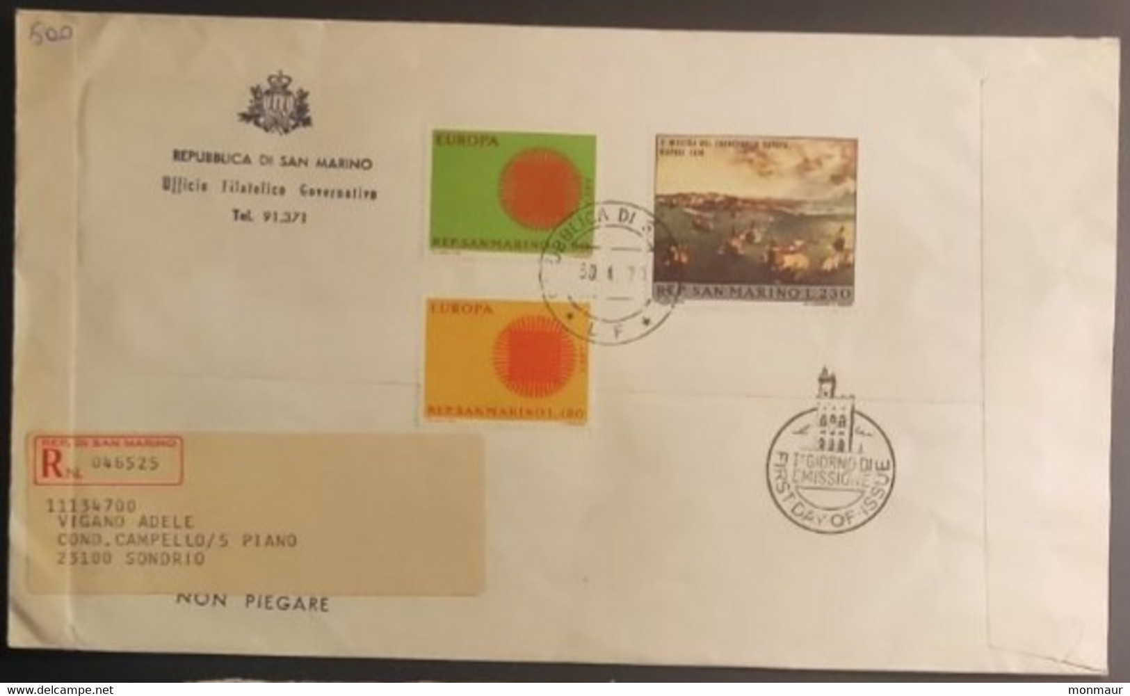 SAN MARINO 1970 RACCOMANDATA FDC EUROPA+NAPOLI - Oblitérés