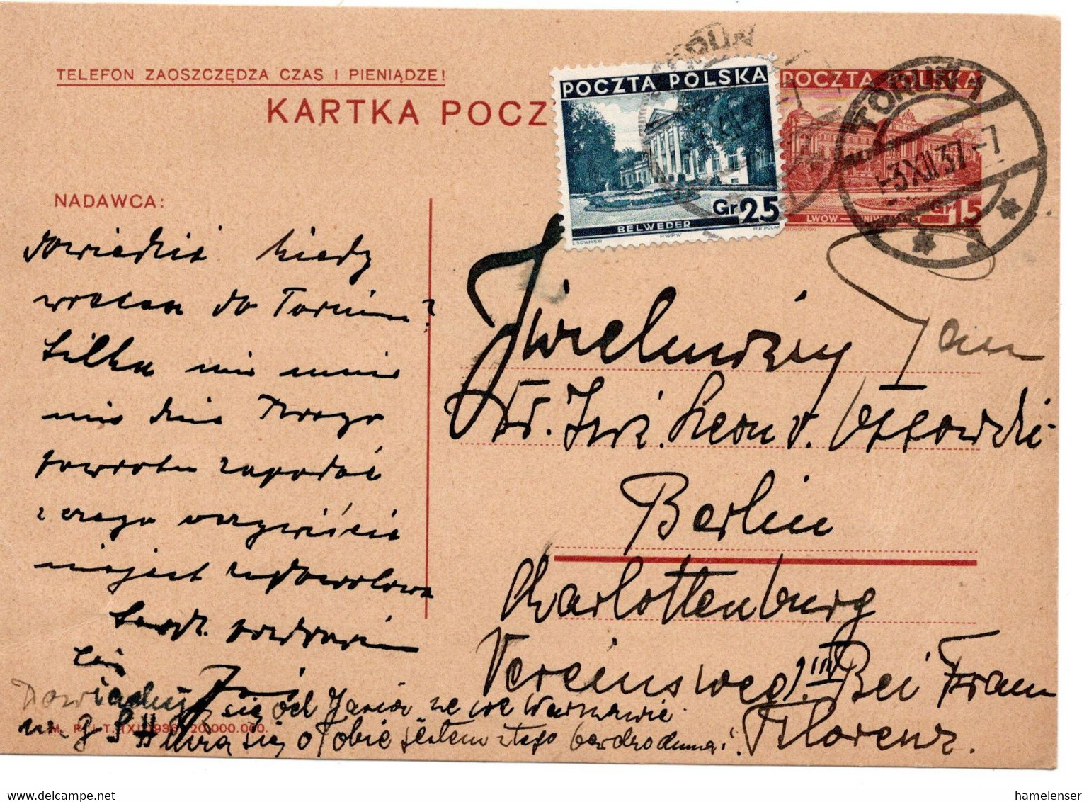 64135 - Polen - 1937 - 15gr Architektur GAKte M ZusFr TORUN -> Deutschland - Lettres & Documents