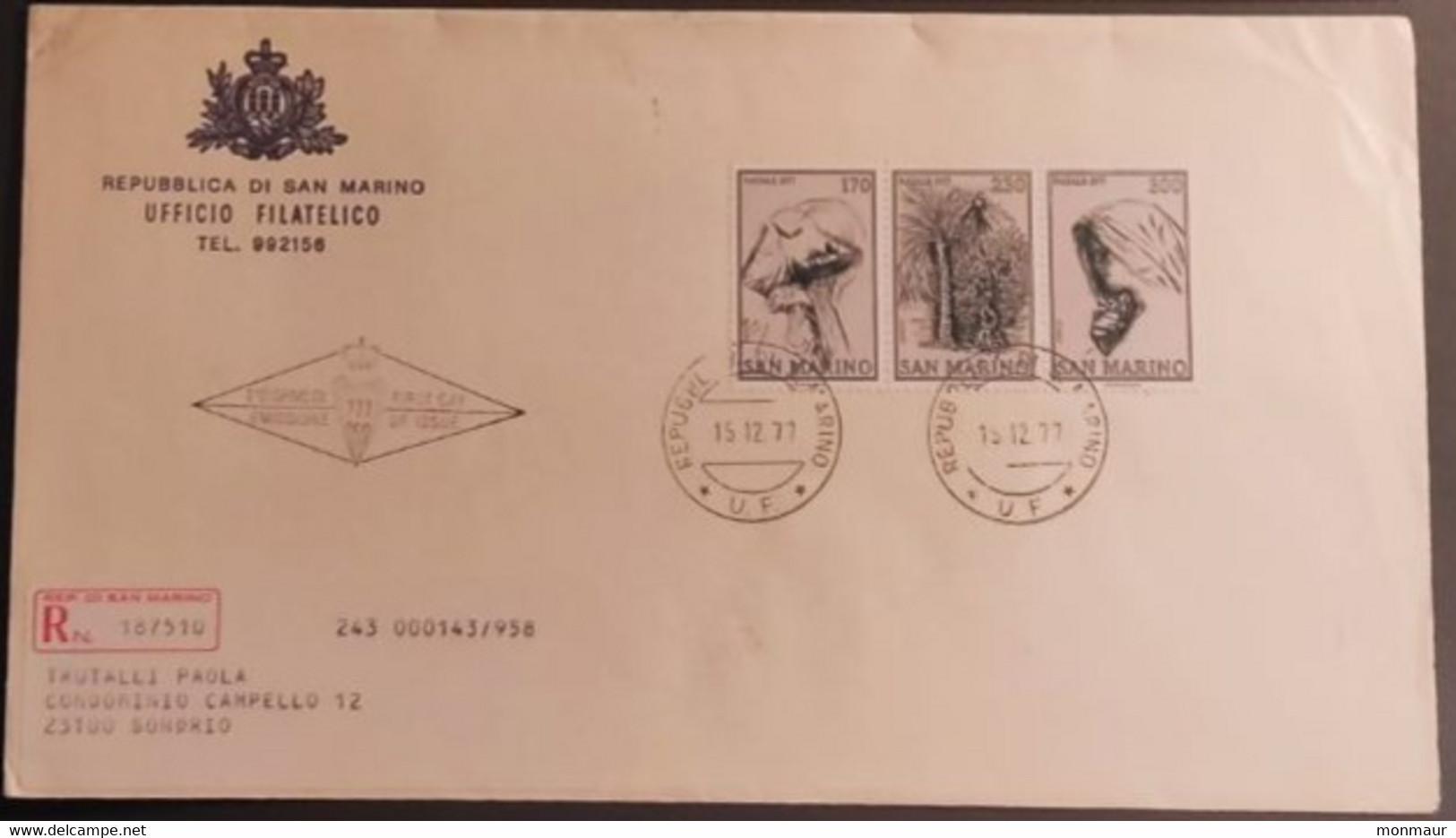 SAN MARINO 1977 RACCOMANDATA FDC NATALE - Gebruikt