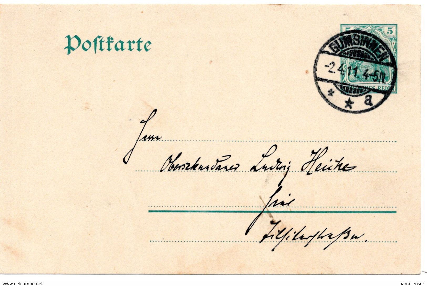 64138 - Deutsches Reich - 1911 - 5Pfg Germania GAKte Als OrtsKte GUMBINNEN - Covers & Documents