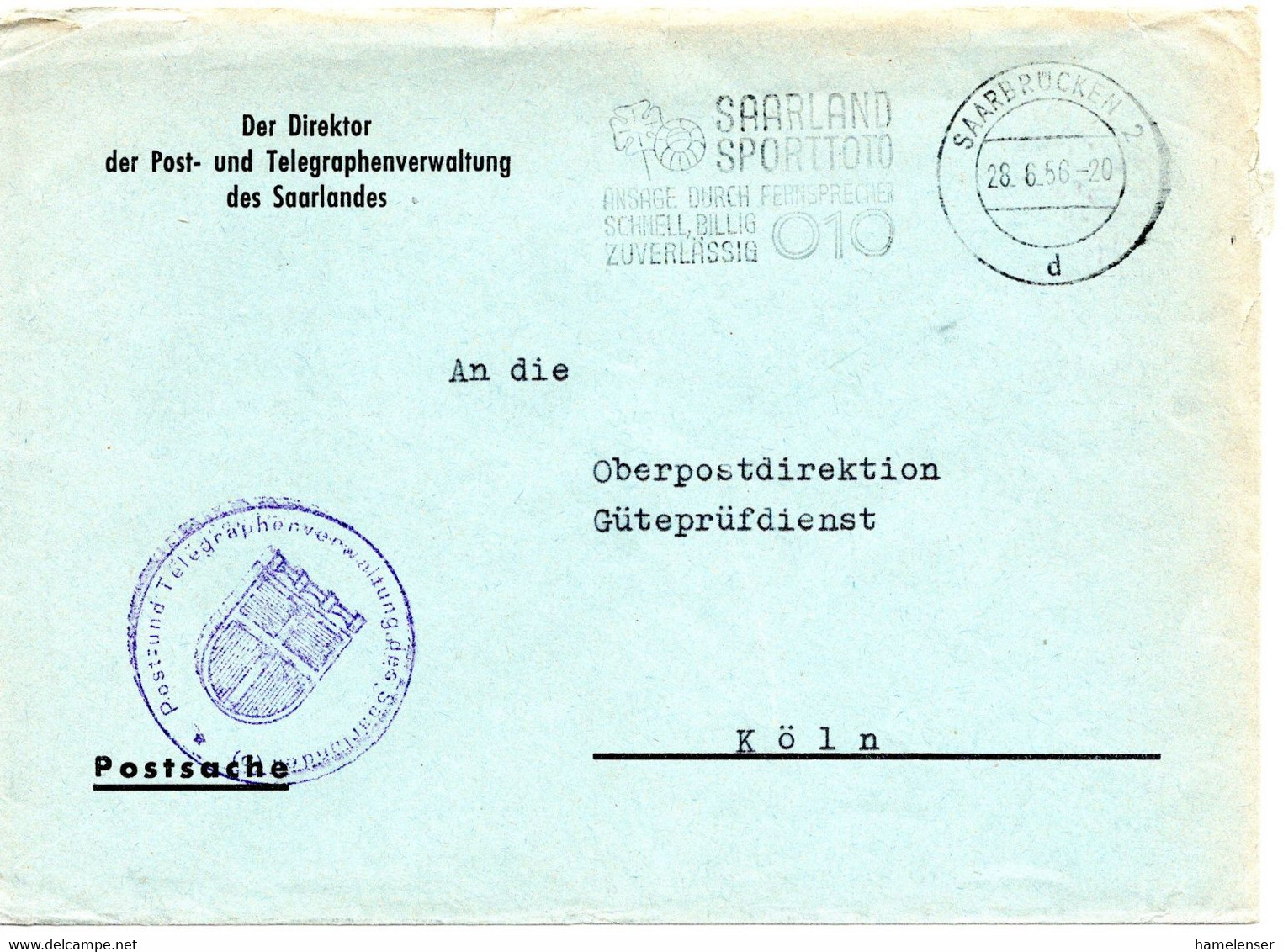 64139 - Bund / Saarland - 1956 - PostsacheBf SAARBRUECKEN - ... SPORTTOTO ... -> Koeln - Cartas & Documentos