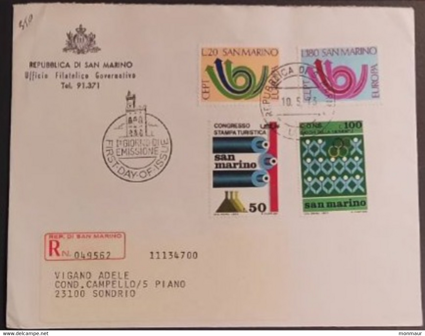 SAN MARINO 1973 RACCOMANDATA FDC EUROPA+GIOCHI GIOVENTU+CONGRESSO STAMPA - Usati