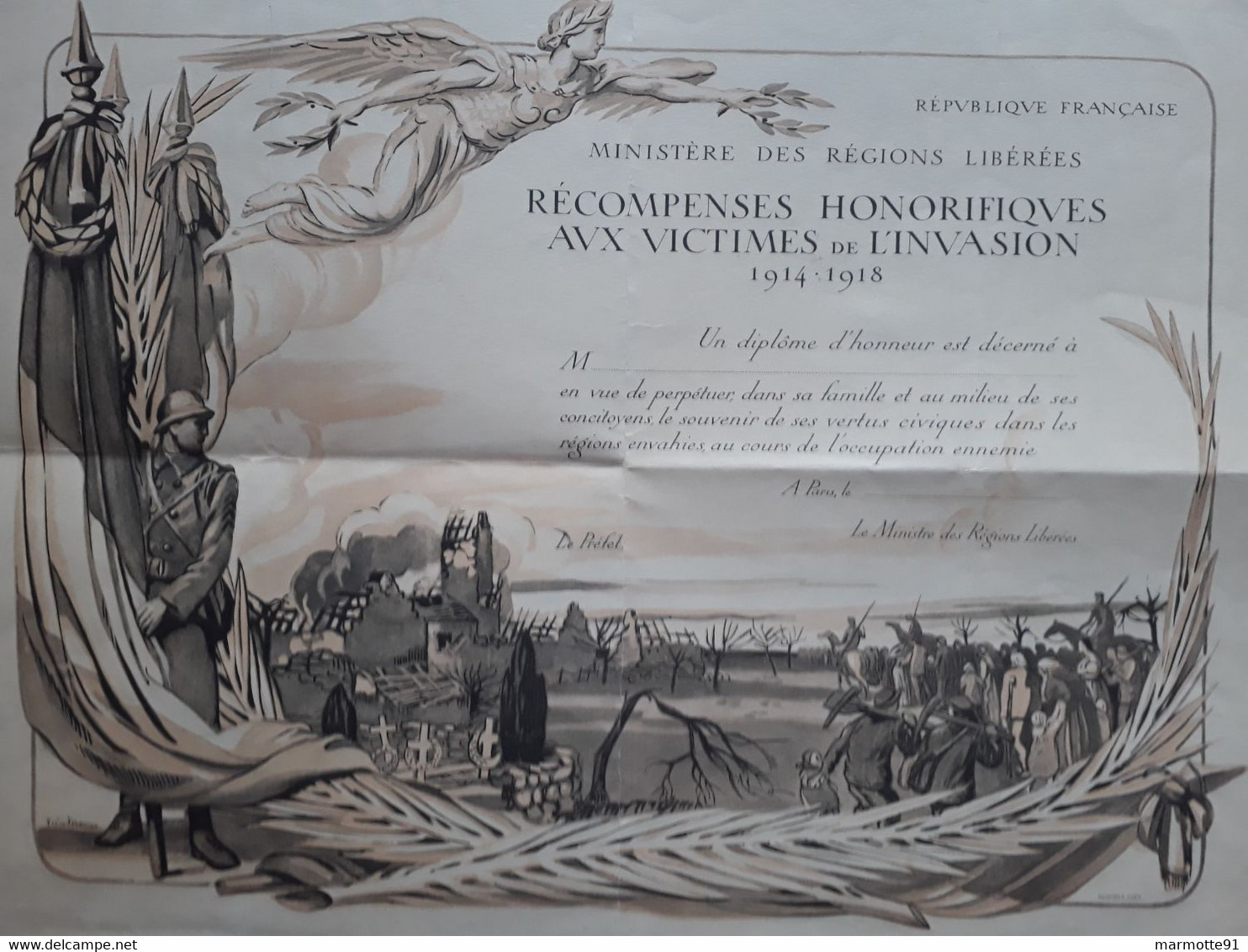 DIPLOME BREVET RECOMPENSES HONORIFIQUES AUX VICTIMES DE L INVASION  GUERRE 1914 1918  REGIONS LIBEREES - Frankrijk