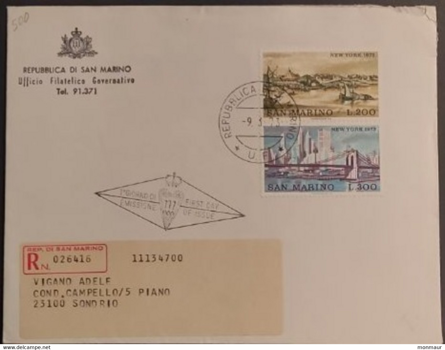 SAN MARINO 1973 RACCOMANDATA FDC NEW YORK - Used Stamps