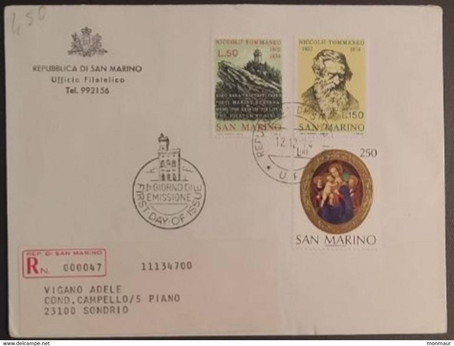 SAN MARINO 1974 RACCOMANDATA FDC NICCOLO' TOMMASEO+NATALE - Gebruikt