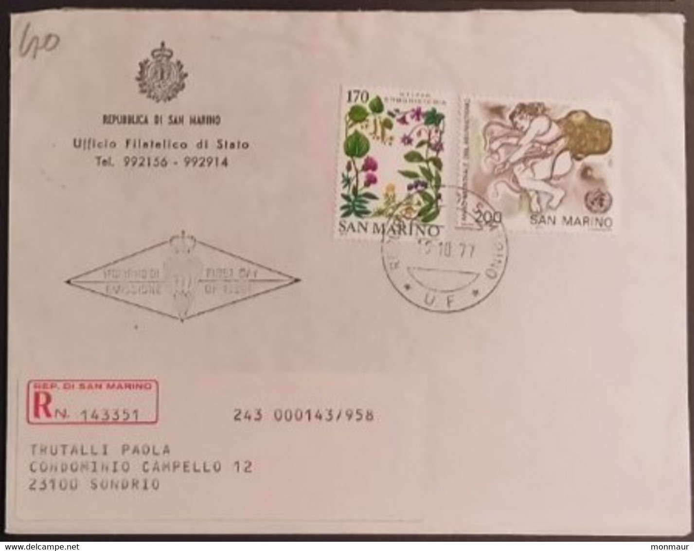 SAN MARINO 1977 RACCOMANDATA FDC ANNO REUMATISMO+ERBORISTERIA - Usados