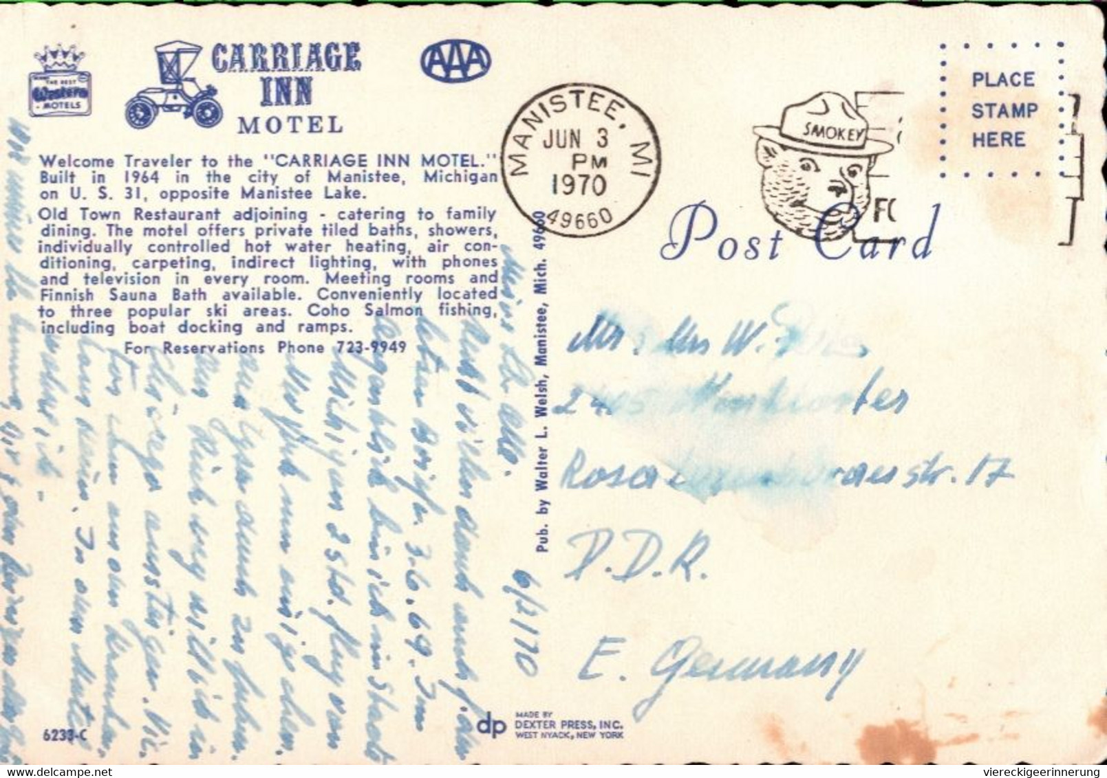 ! Modern Postcard Carriage Inn Motel, Manistee, 1970, Autos, Cars - Passenger Cars