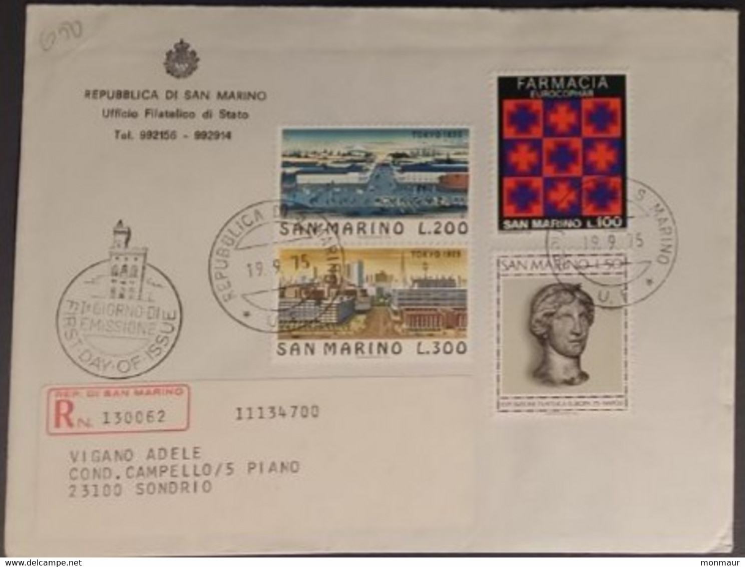 SAN MARINO 1975 RACCOMANDATA FDC  TOKIO+FARMACIA+ESPOSIZIONE - Used Stamps