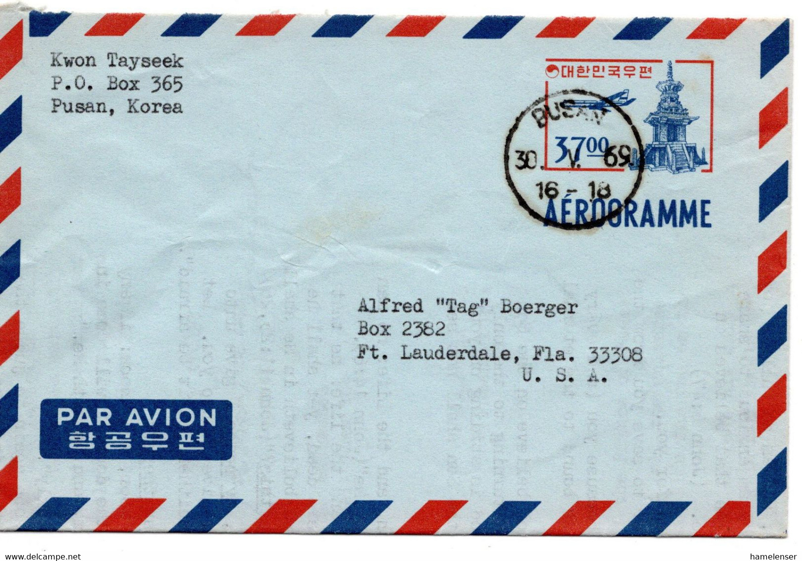 64159 - Suedkorea - 1969 - 37W GAAerogramm BUSAN -> Ft Lauderdale, FL (USA) - Corée Du Sud
