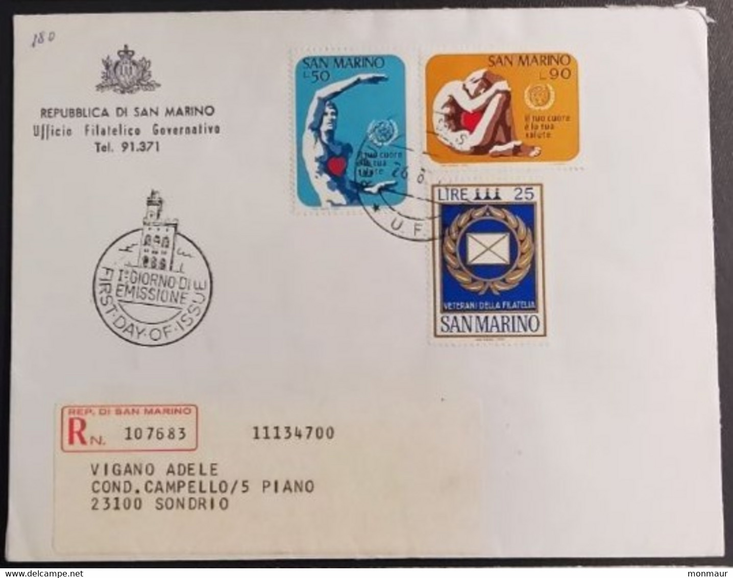 SAN MARINO 1972 RACCOMANDATA FDC IL TUO CUORE+VETERANI FILATELIA - Usati