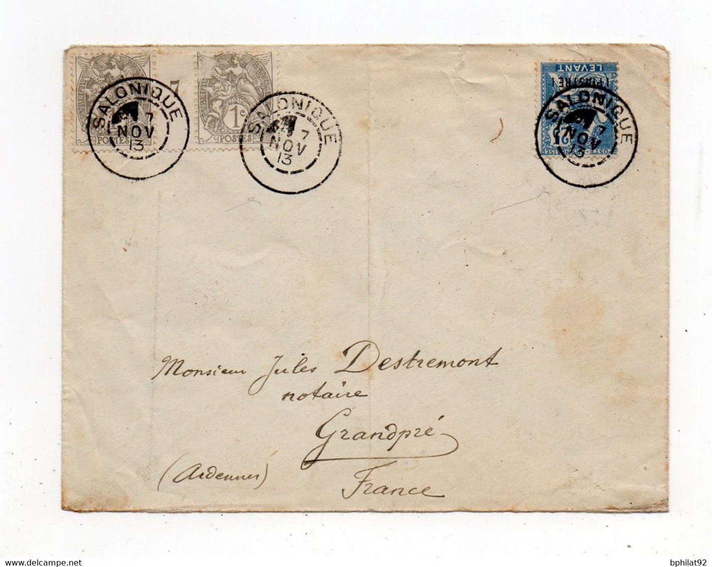 !!! AFFRANCH MIXTE TYPES BLANC DE FRANCE + MOUCHON DU LEVANT SUR LETTRE DE SALONIQUE DE 1913 - Cartas & Documentos