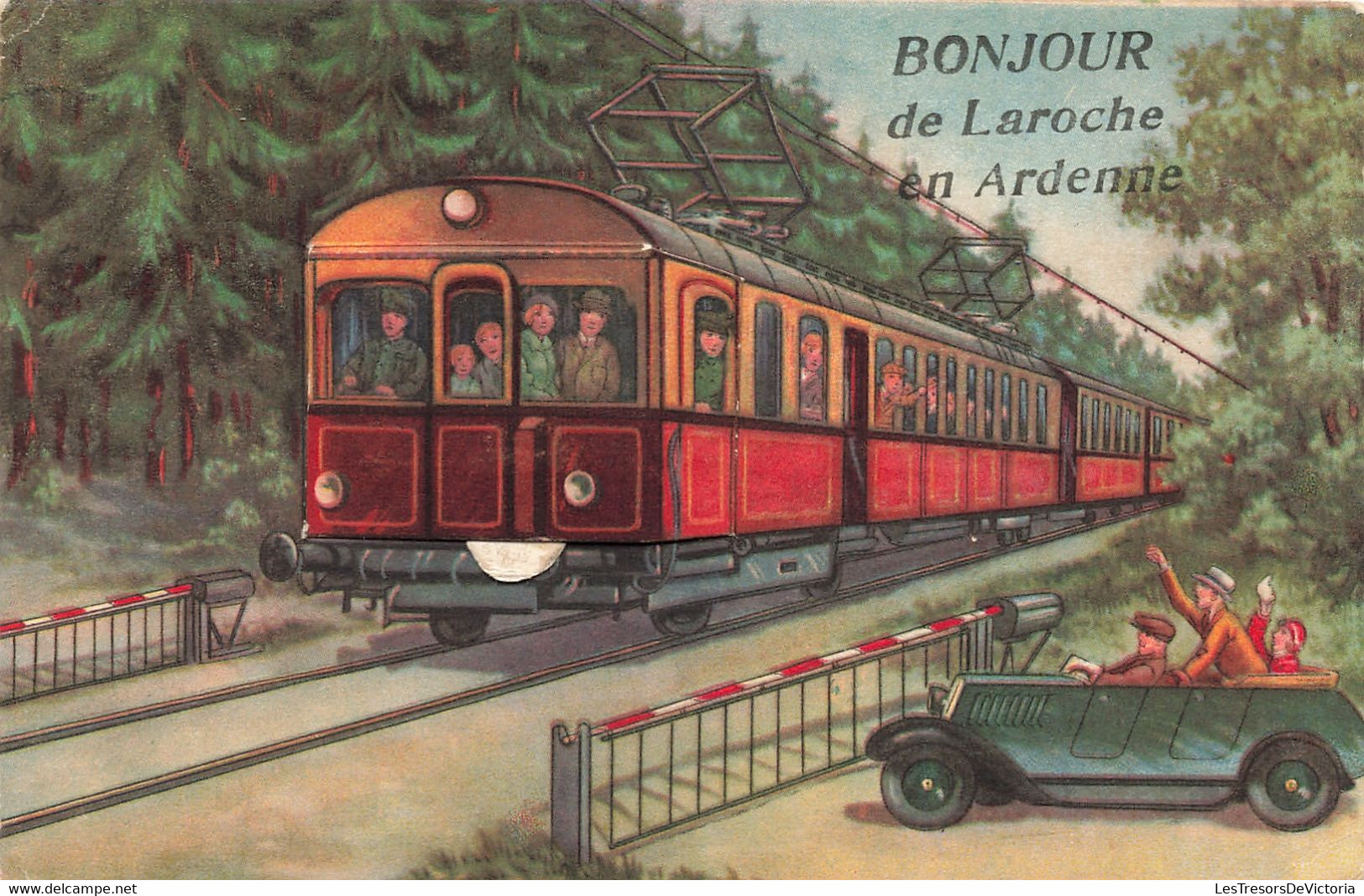 Carte Système - Bonjour De Laroche En Ardenne - Colorisé - Train - Passage à Niveau -  Carte Postale Ancienne - Mechanical