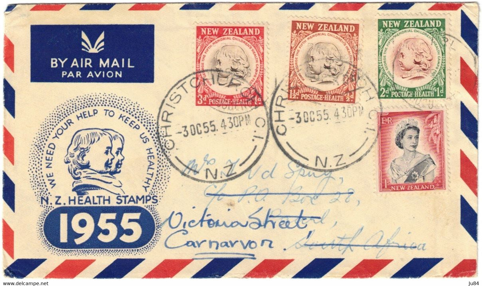 New Zealand - Nouvelle Zélande - Health Stamps 1955 - Lettre Avion Pour Carnarvon (Afrique Du Sud) - 3 Octobre 1955 - Briefe U. Dokumente