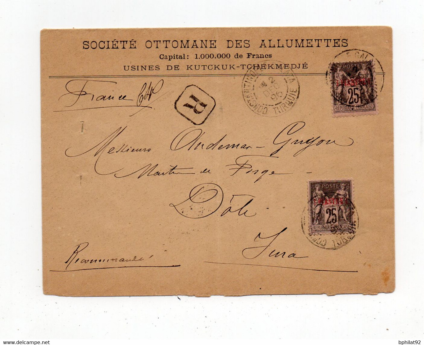 !!!  LETTRE RECOMMANDEE DE CONSTANTINOPLE DE 1896 POUR DOLE - Lettres & Documents