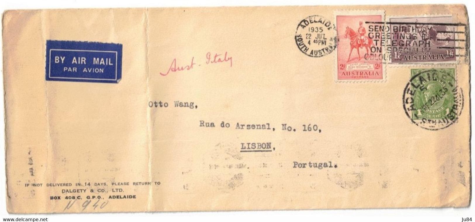 Australia - Australie - Adelaide - Lettre Avion Pour Lisbonne (Portugal) - 22 Juillet 1935 - Lettres & Documents