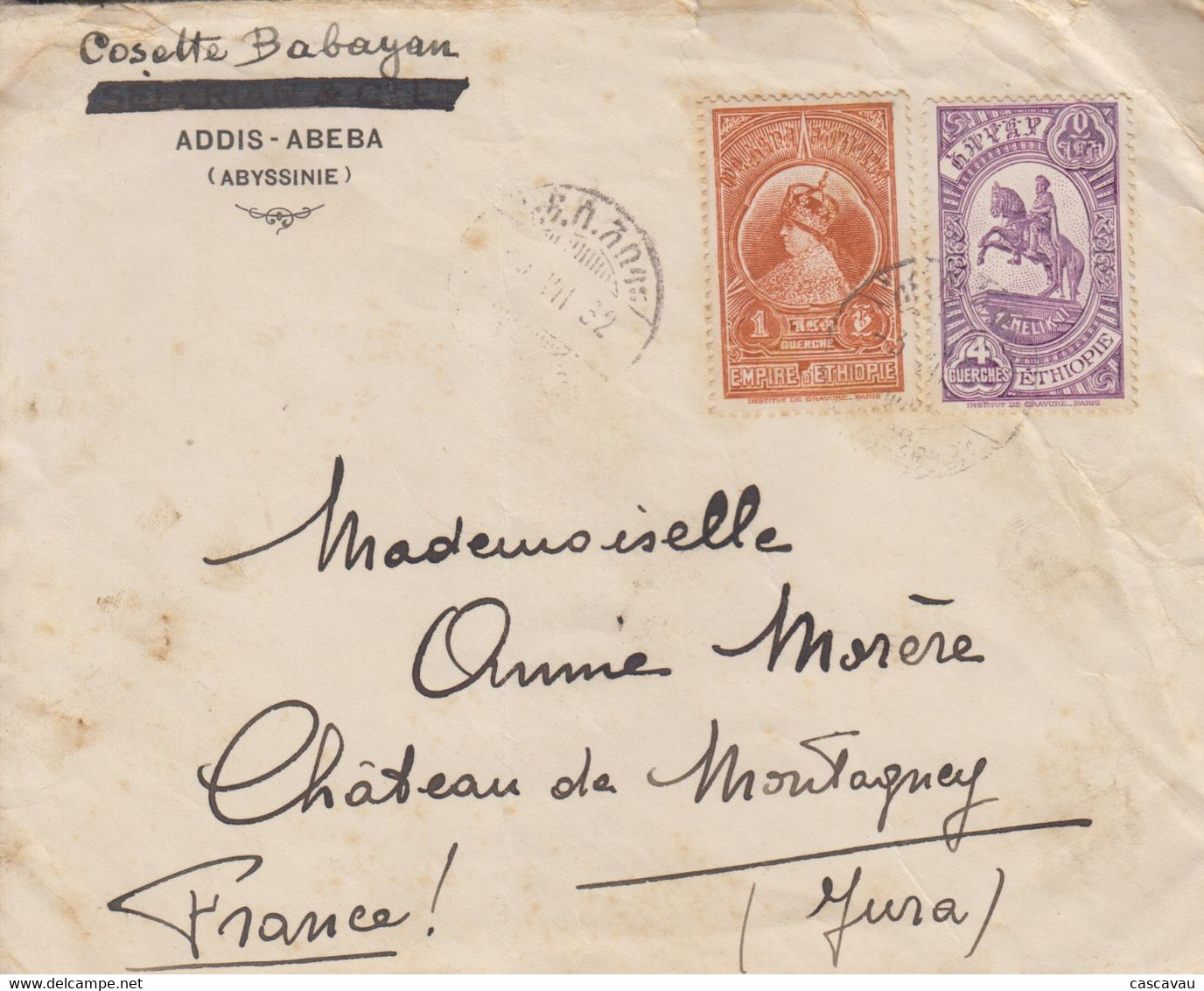 Enveloppe   ETHIOPIE   ADDIS  - ABBEBA   Pour   MONTAGNEY   1932 - Ethiopie