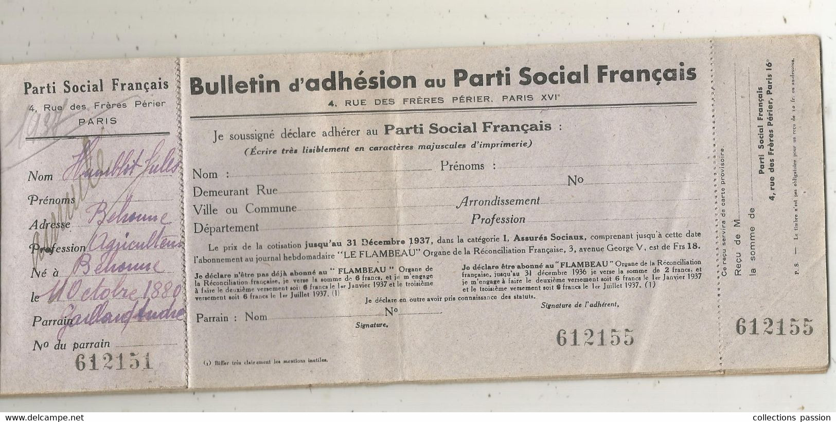 Bulletin D'adhésion Au PARTI SOCIAL FRANCAIS, Reste 6 Vierges, 1937, 3 Scans ,frais Fr 3.35e - Tessere Associative