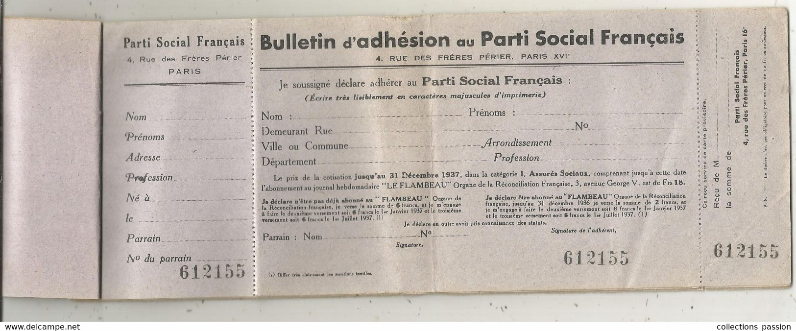 Bulletin D'adhésion Au PARTI SOCIAL FRANCAIS, Reste 6 Vierges, 1937, 3 Scans ,frais Fr 3.35e - Tessere Associative