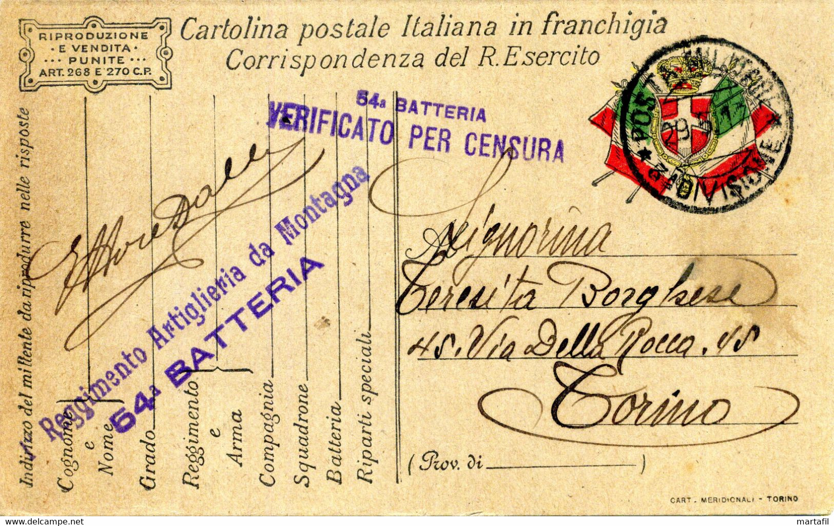 Franchigia, 1917 Posta Militare, 3° Divisione, Reggimento Artiglieria Da Montagna, 54° Batteria, Zona Di Guerra - Portofreiheit