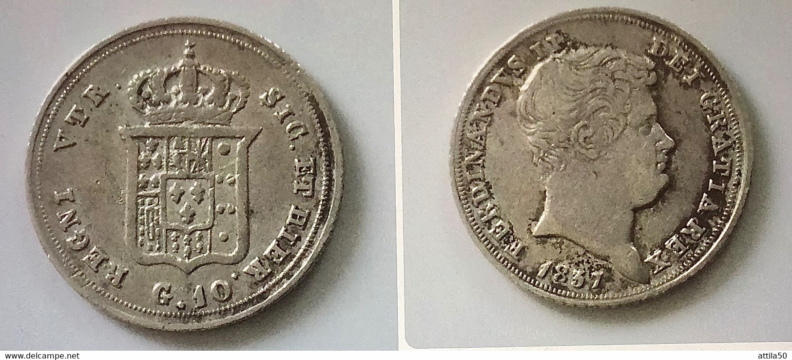 NAPOLI - FERDINANDO II DI BORBONE - 10 GRANA (Carlino) - Argento. 833% Peso Gr. 2,2 - Diametro Mm.18,5.- Contorno Rigato - Due Sicilie