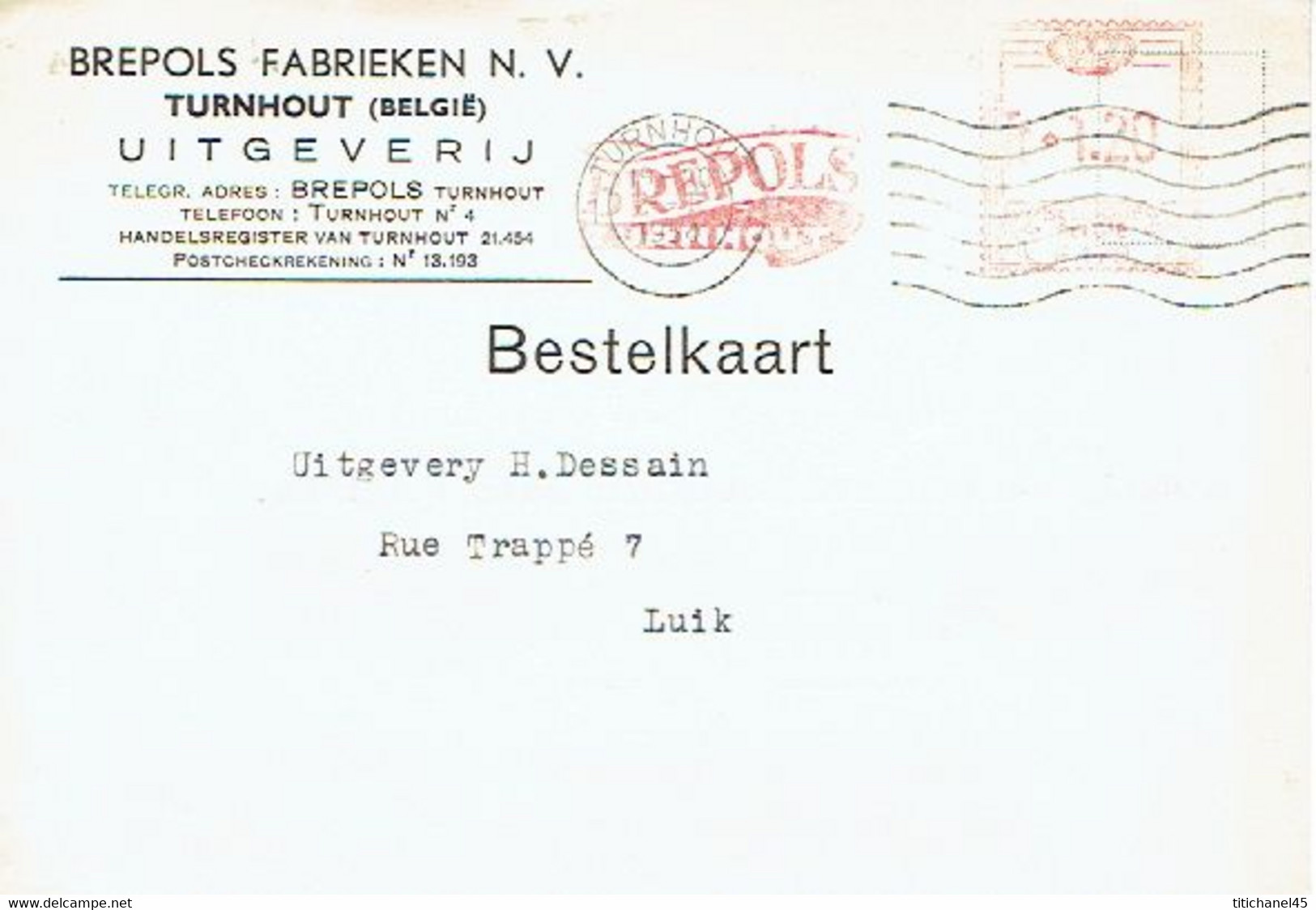 CP  EMA 1.20 (F479) Logo BREPOLS TURNHOUT Obl.1954 + CP Publicitaire BREPOLS FABRIEKEN  UITGEVERIJ - ...-1959