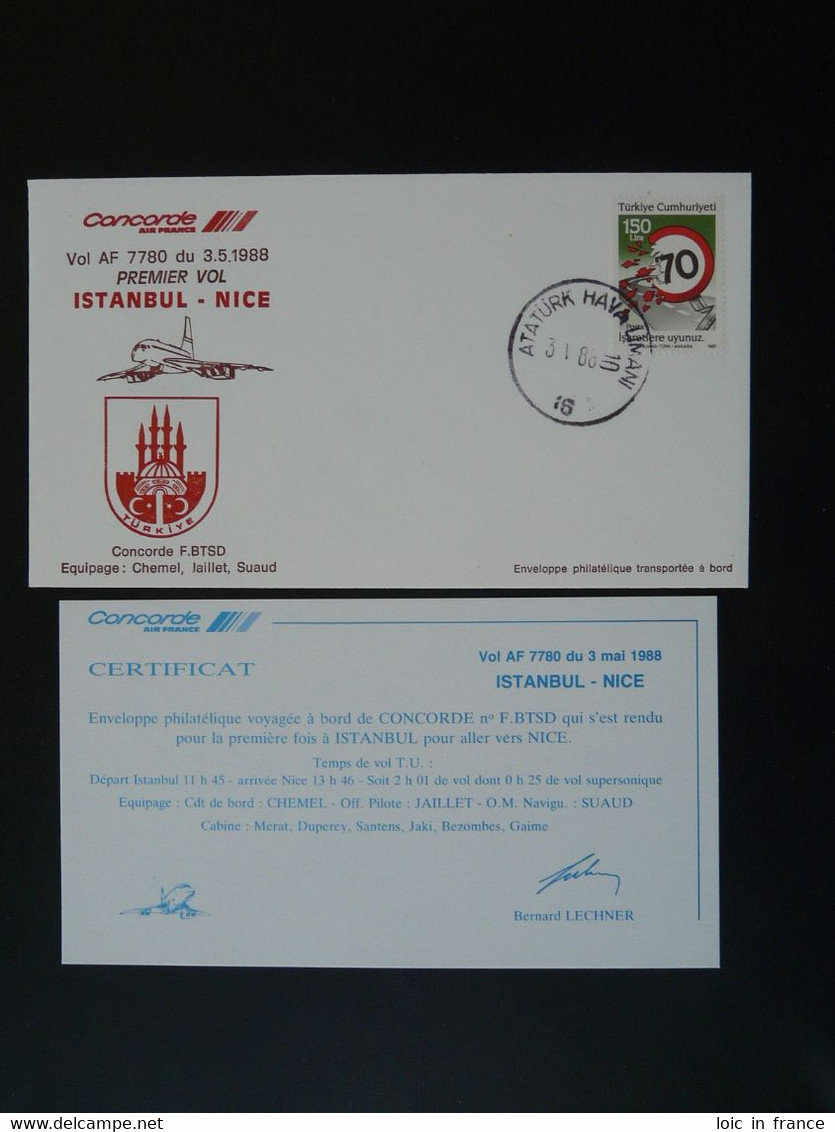 Lettre Premier Vol First Flight Cover Concorde Istanbul Nice Air France 1988 Ref 101203 - Covers & Documents