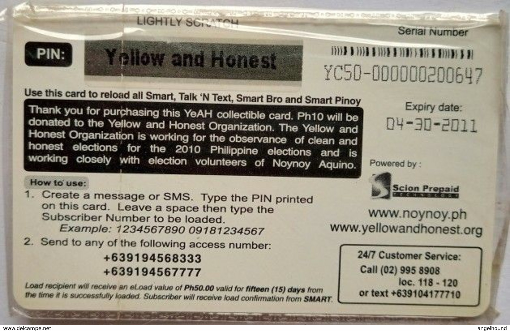 Philippines Smart / TNT P60 "  ( RRR ) Special Issue For Yellow And Honest Organization For Election 2010 " - Philippines