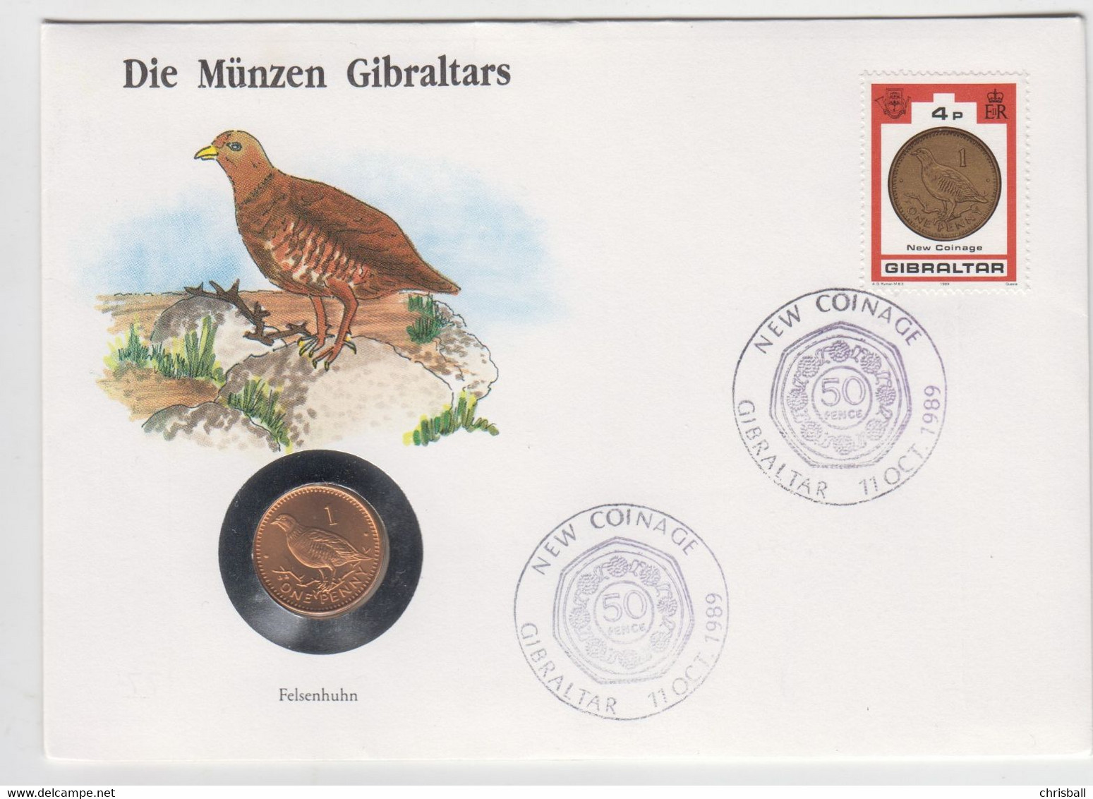 Gibraltar Coin Cover - 1990 1p Partridge (Unc0 - Gibraltar