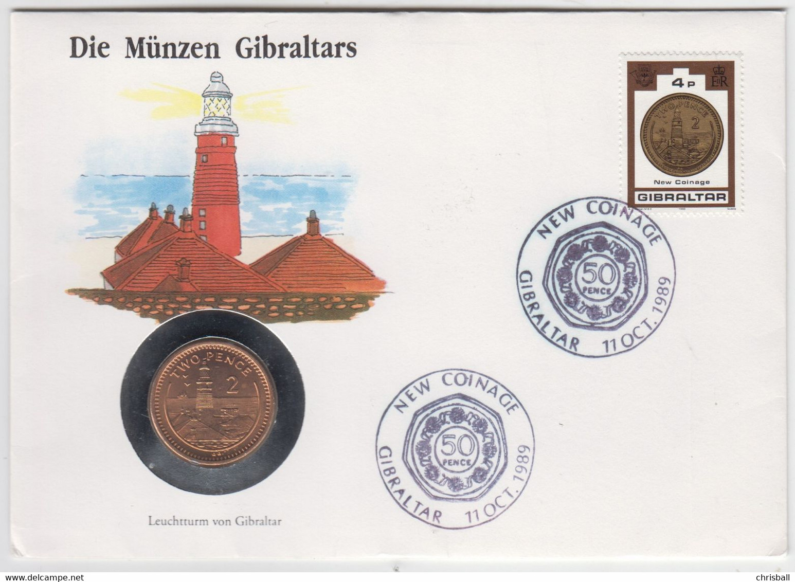 Gibraltar Coin Cover - 1990 2p Lighthouse (Unc0 - Gibraltar