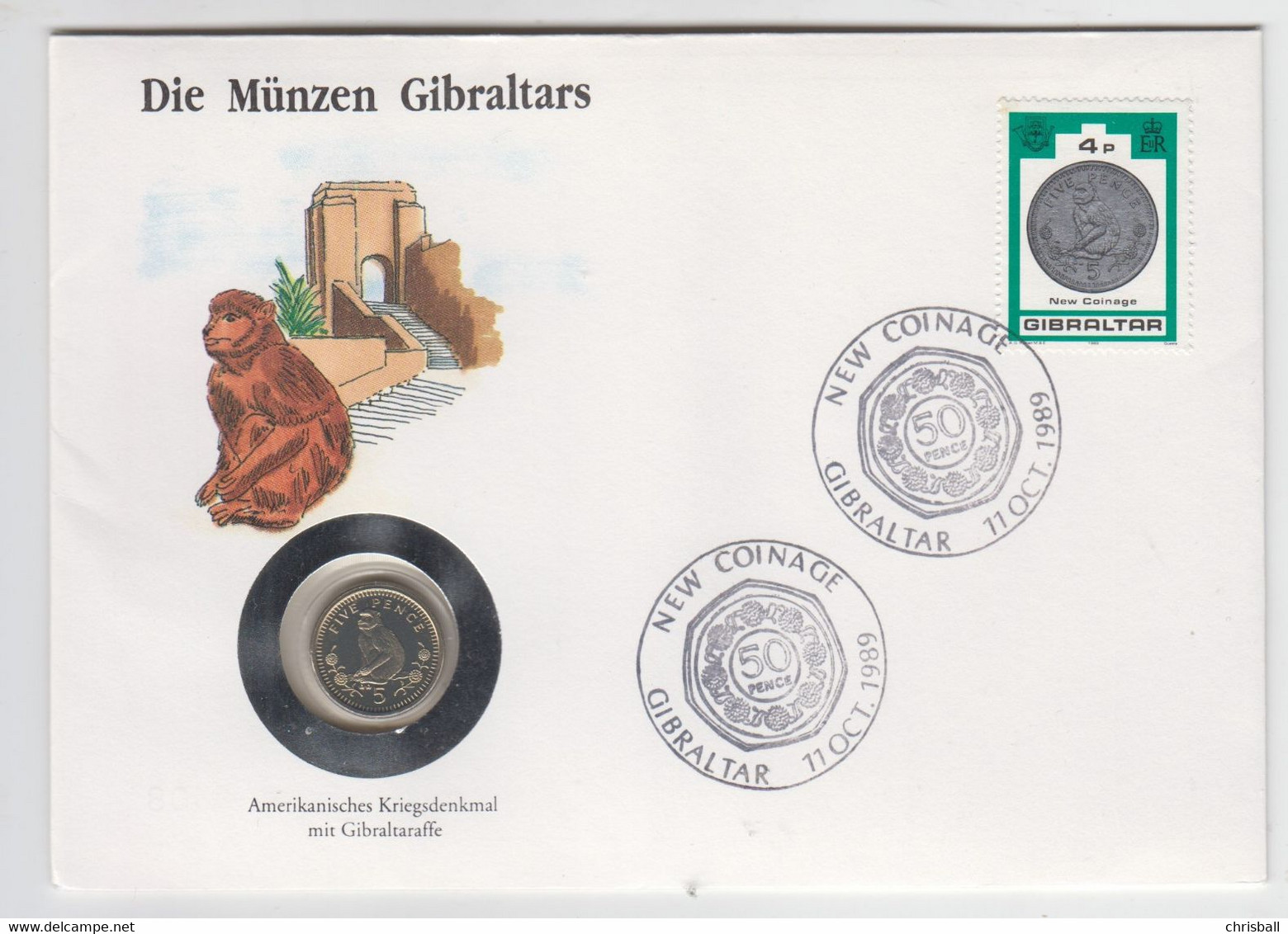 Gibraltar Coin Cover - 1990 5p Barbary Ape (Unc0 - Gibraltar