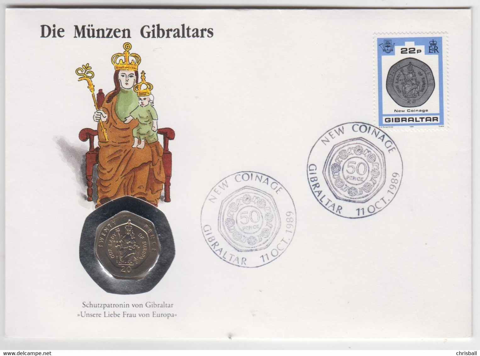 Gibraltar Coin Cover - 1990 20p Our Lady Oif Europa (Unc0 - Gibraltar