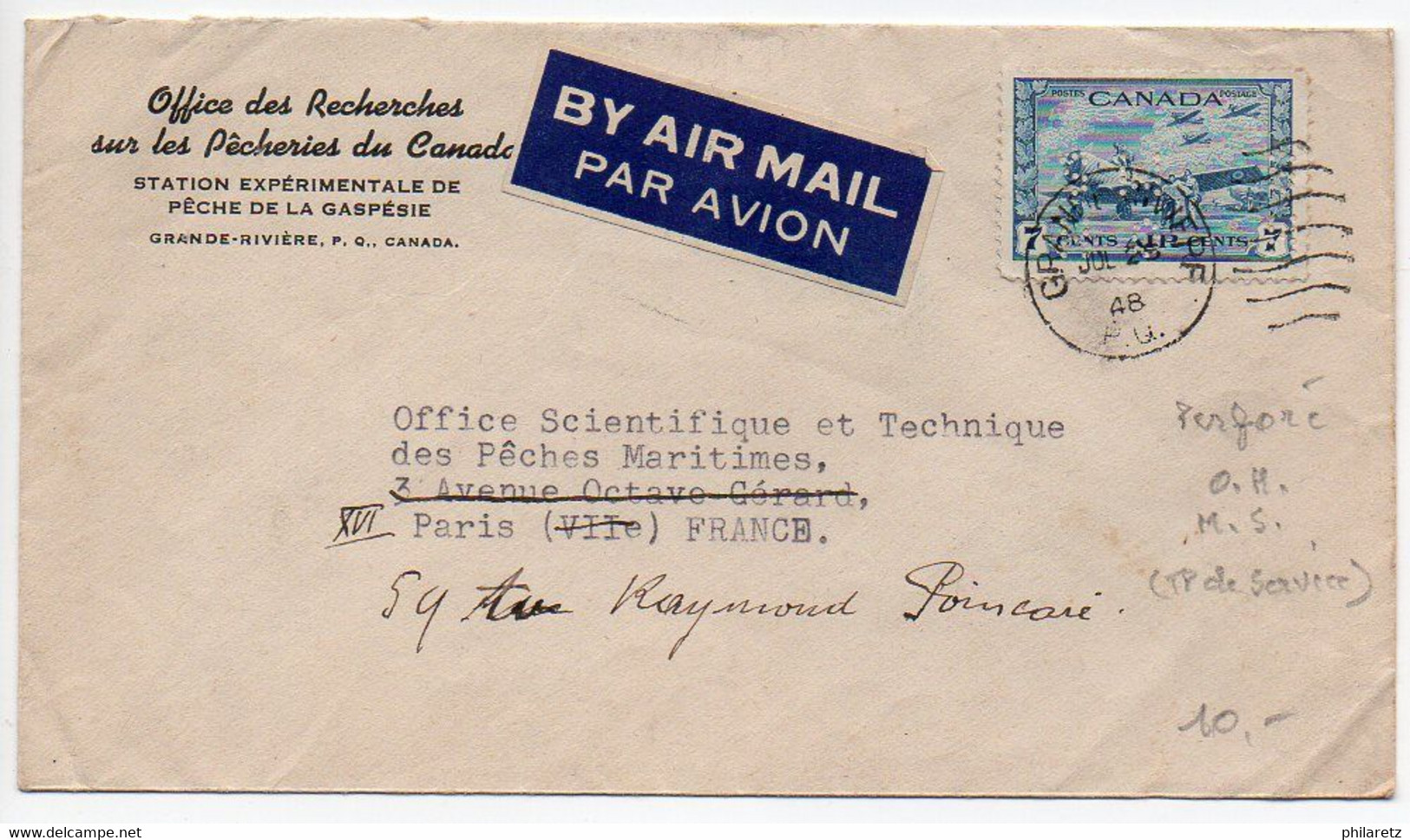 Canada : Timbre Avion Perforé OHMS Sur Lettre De 1948 Pour La France - Perforés