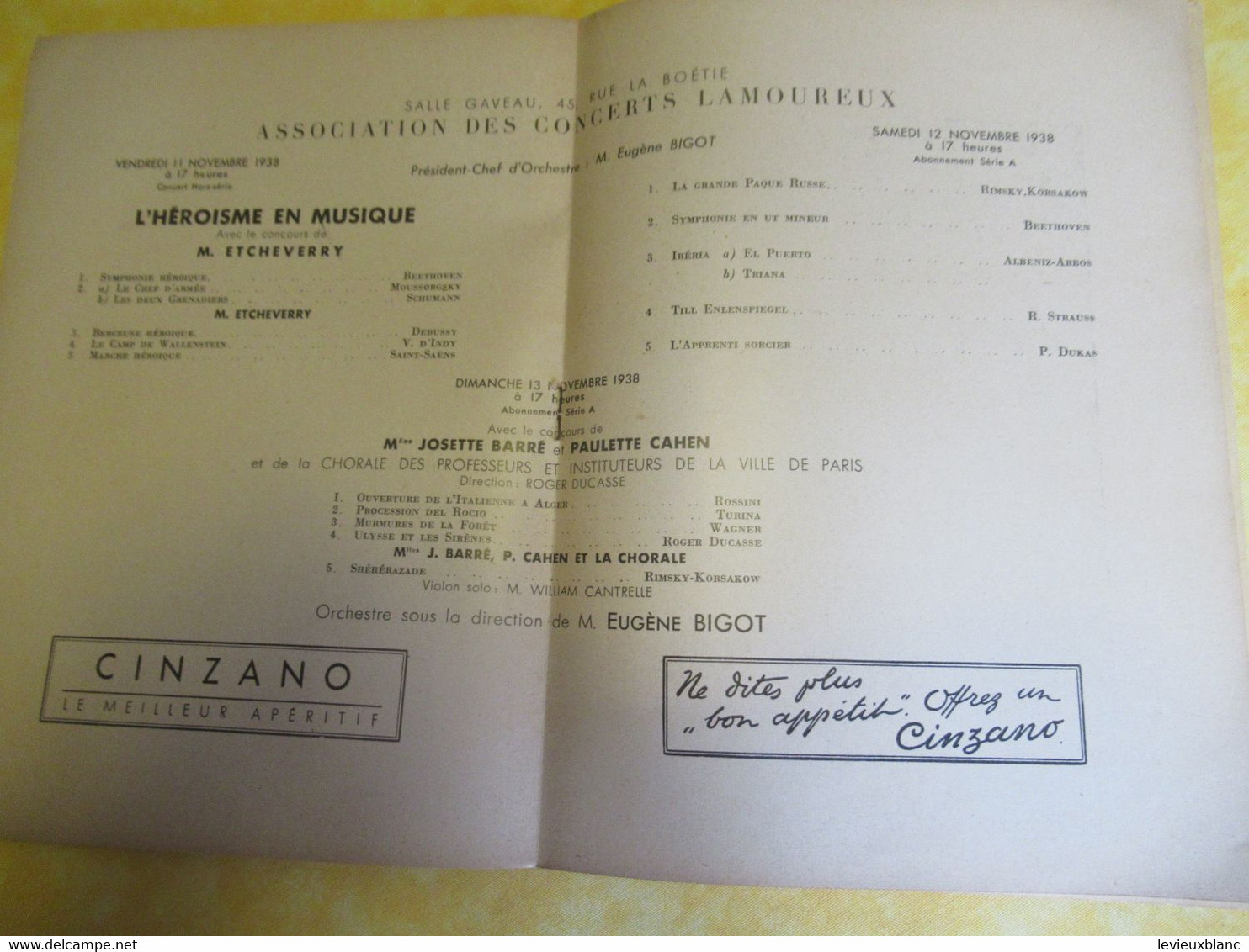 Programme ancien/Musique/Salle GAVEAU/Ass..des Concerts LAMOUREUX/ BIGOT Pdt /1938  PROG330