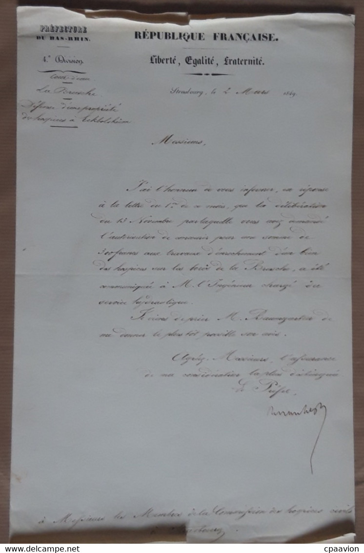 ECKBOLSHEIM, LA BRUCHE, DOSSIER 13 NOVEMBRE 1848 ENTRE MR SCHEER ET LES HOSPICES DE STRASBOURG - Altri Disegni