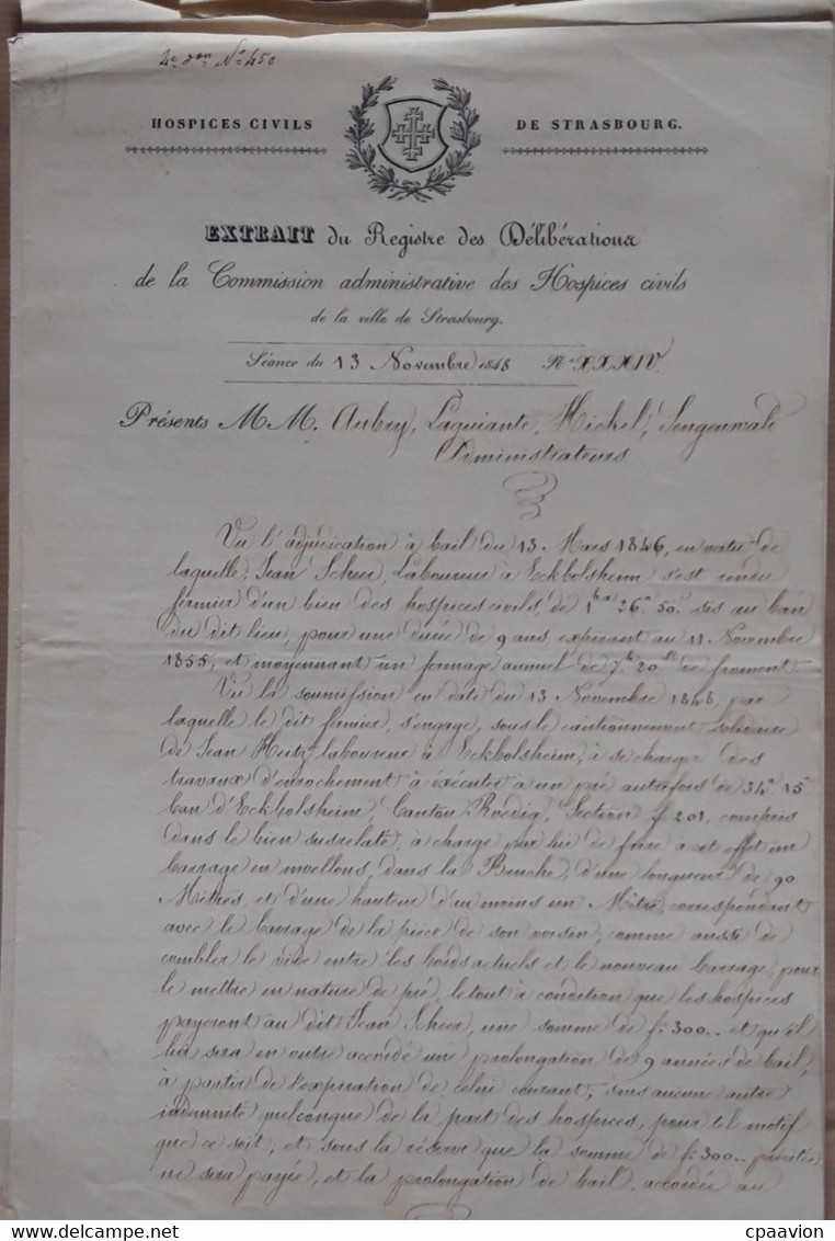 ECKBOLSHEIM, LA BRUCHE, DOSSIER 13 NOVEMBRE 1848 ENTRE MR SCHEER ET LES HOSPICES DE STRASBOURG - Other Plans
