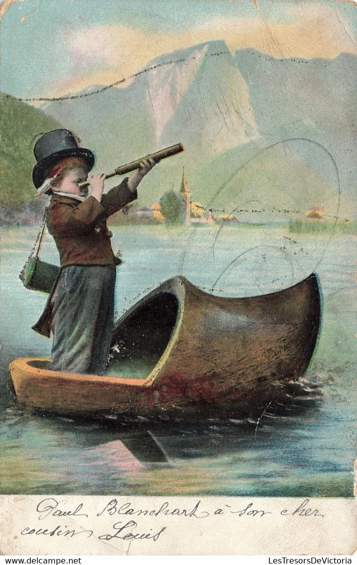 Enfant - Illustration - Enfant Qui Regarde à La Lunette En étant Dans Un Sabot Sur L'eau - Carte Postale Ancienne - Humorvolle Karten