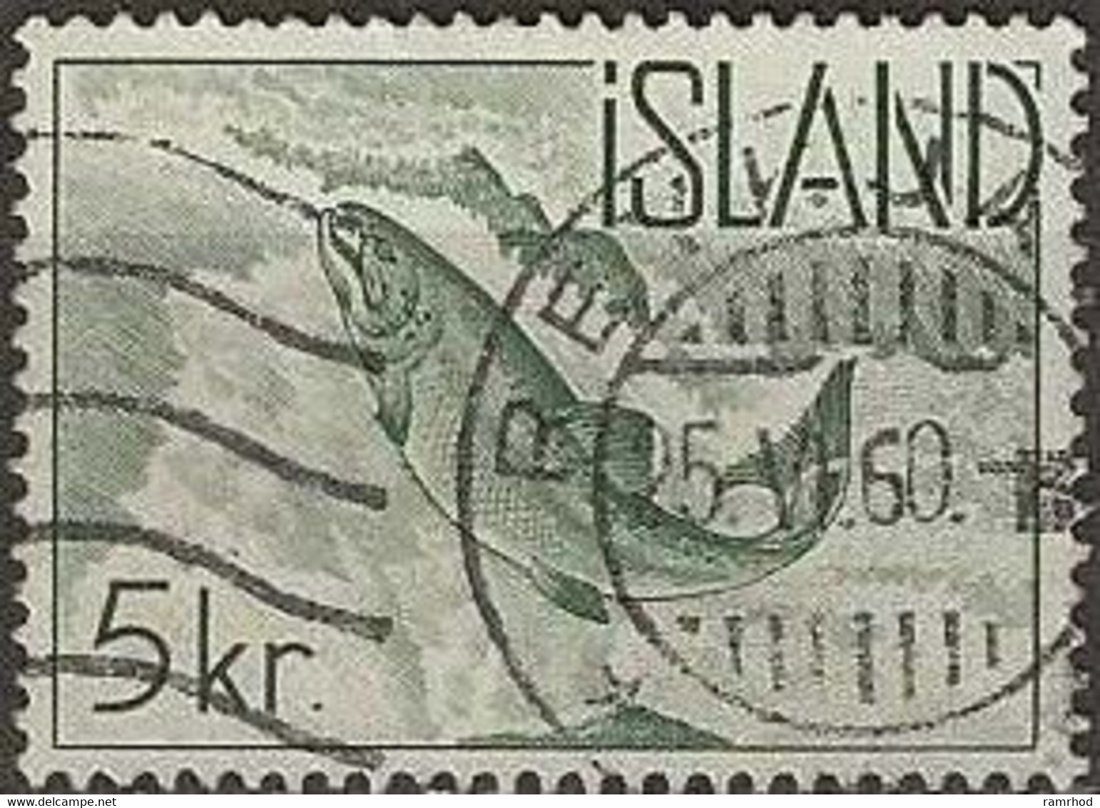 ICELAND 1959 Atlantic Salmon - 5k. - Green FU - Usati