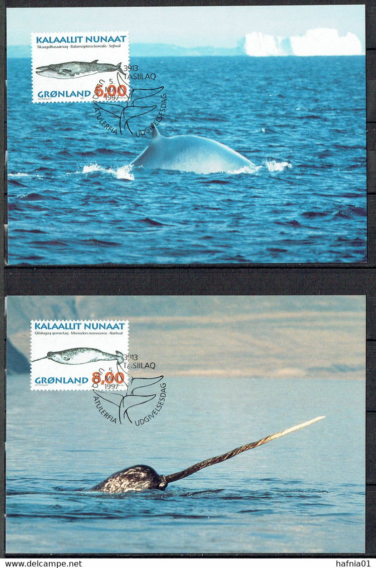 Greenland 1997.  Greenlandic Whales. Michel 305y - 308y Max Cards. - Cartoline Maximum