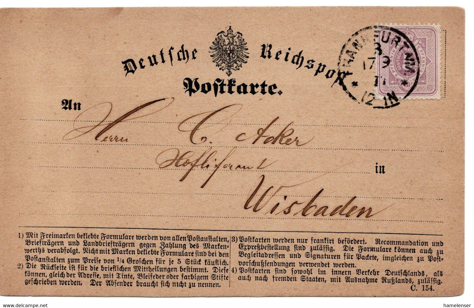 64210 - Deutsches Reich - 1877 - 5Pfge EF A Amtl FormularKte FRANKFURT -> Wiesbaden - Cartas & Documentos