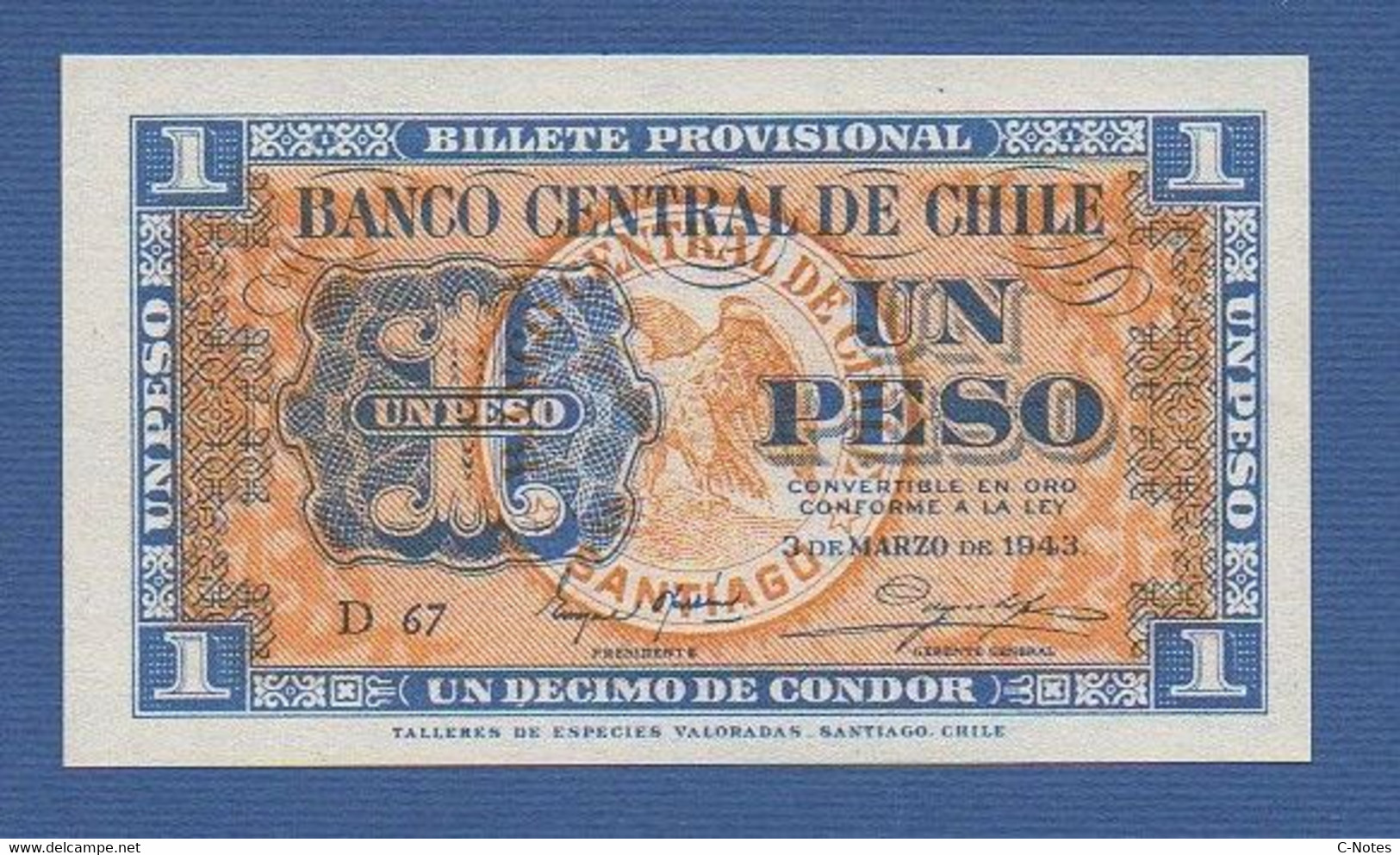 CHILE - P. 90d – 1 Peso 1943 UNC Serie D 67 - Chile